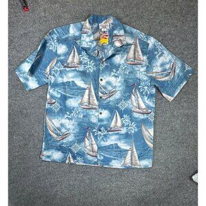Pacific Legend Mens XL Hawaiian Shirt  Blue Sailboat Print  Cotton Short Sleeve